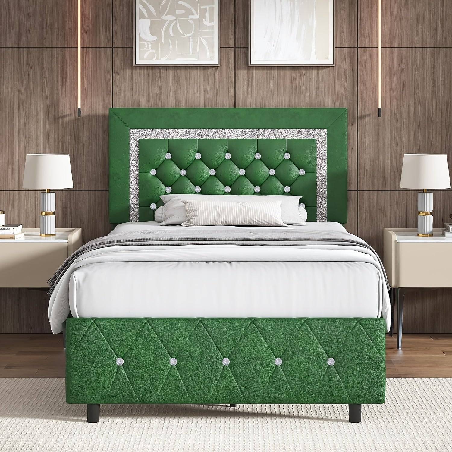 Upholstered Platform Bed Frame with Button Tufted Diamond Headboard, Padded Design, Wooden Slat Support, Easy Assembly