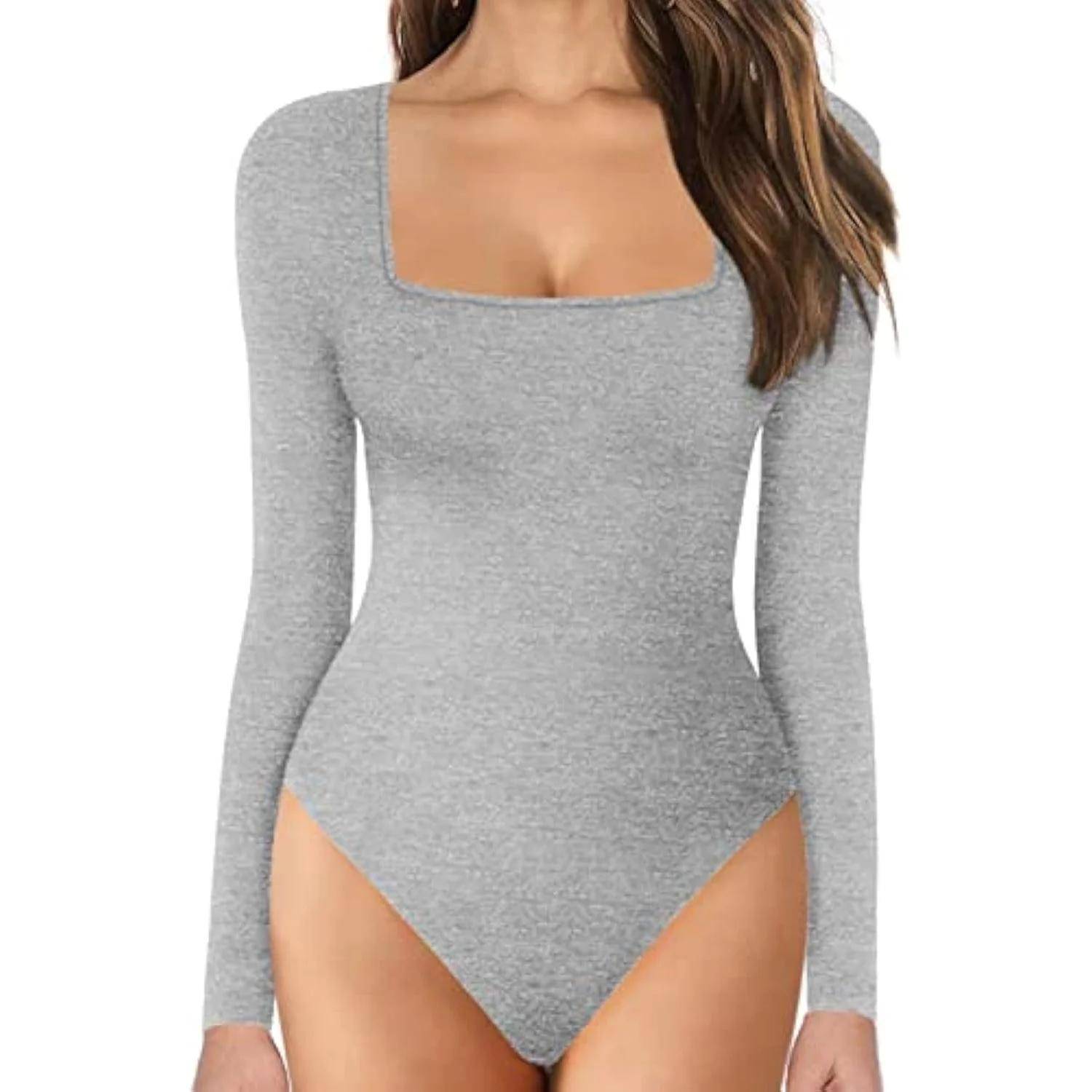 Womens Square Neck Long Sleeve Bodysuit with Tummy Control