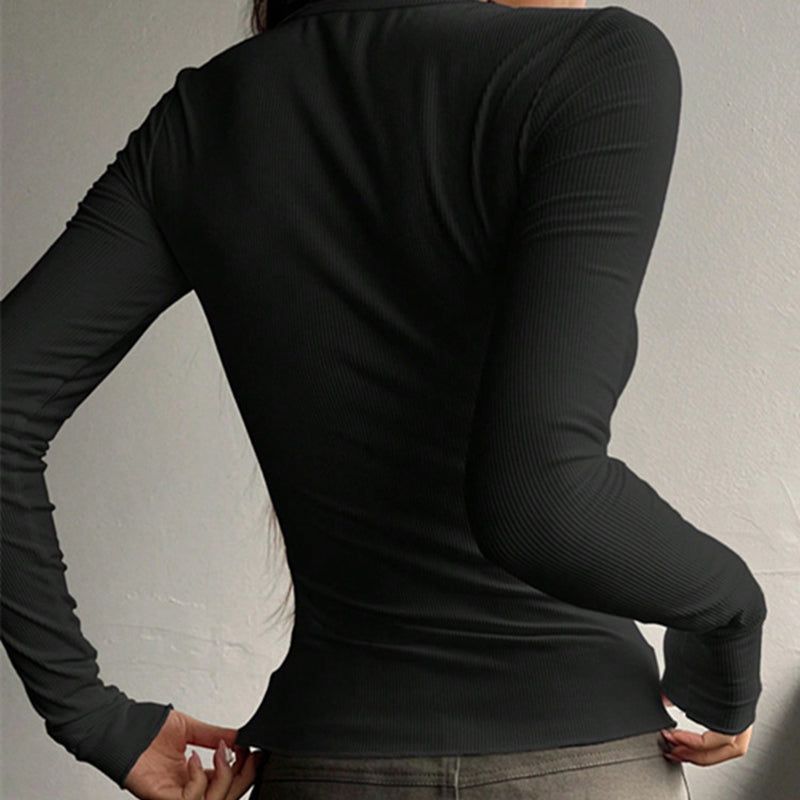 Ribbed Knit Long Sleeve Top With Button Front Design
