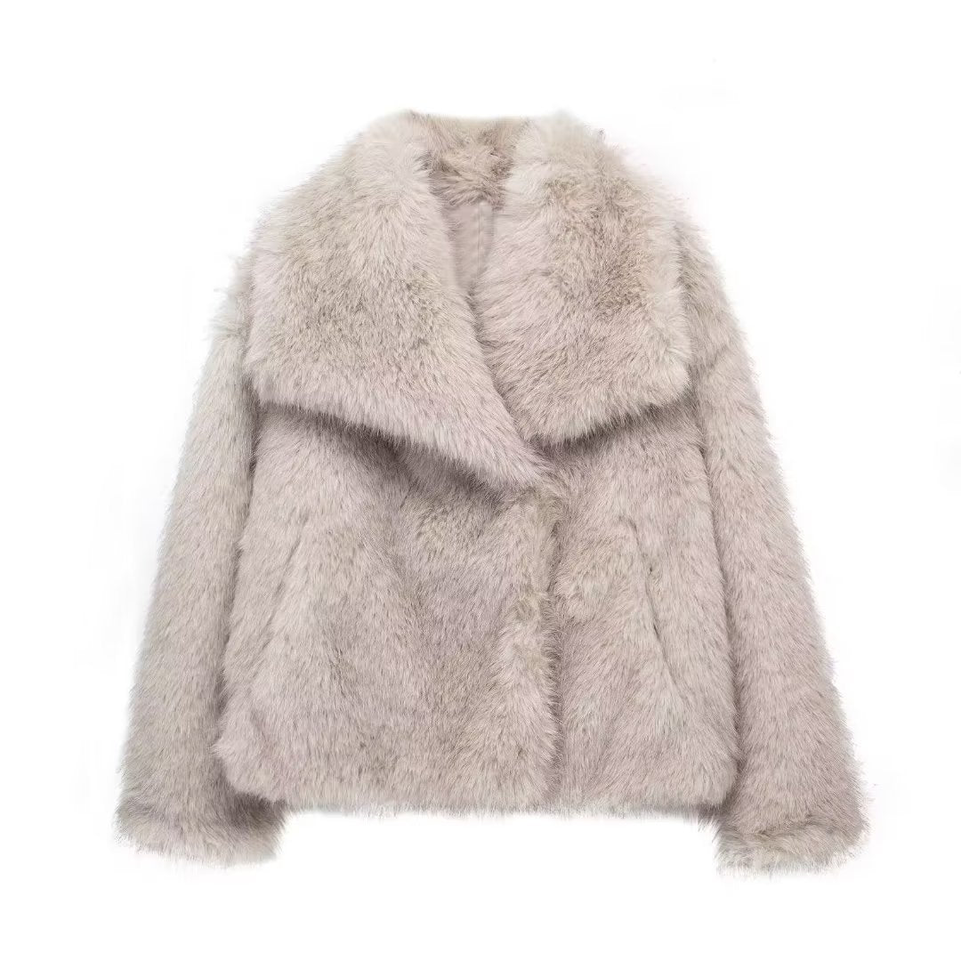 Women’s Winter Plush Coat Warm Thick Fluffy Lapel Jacket Long Sleeve Casual Outerwear