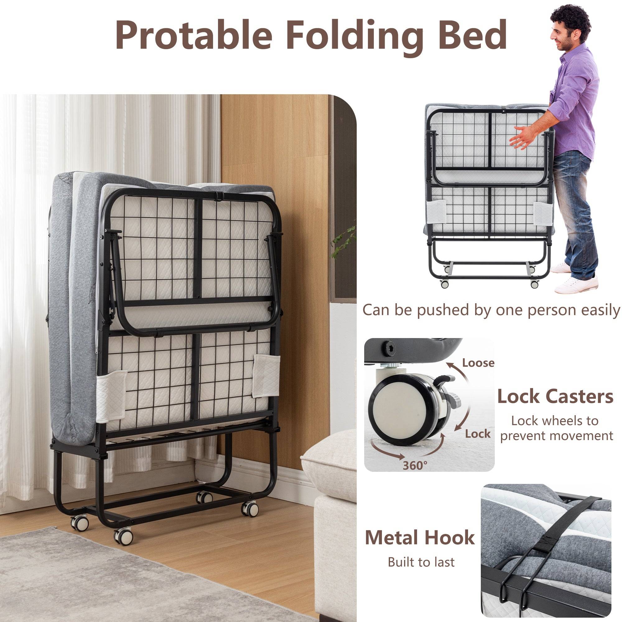 Foldable Bed with Memory Foam Mattress and Metal Frame
