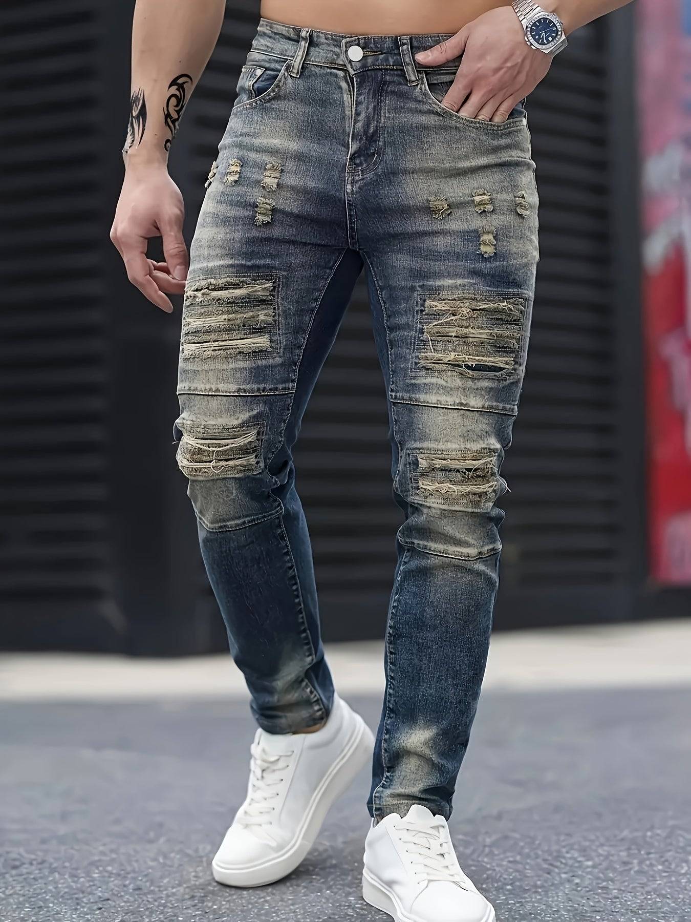 Men’s Slim Fit Stretch Denim Jeans Dark Blue Ripped Design Crafted Distressed Look for All-Season Wear