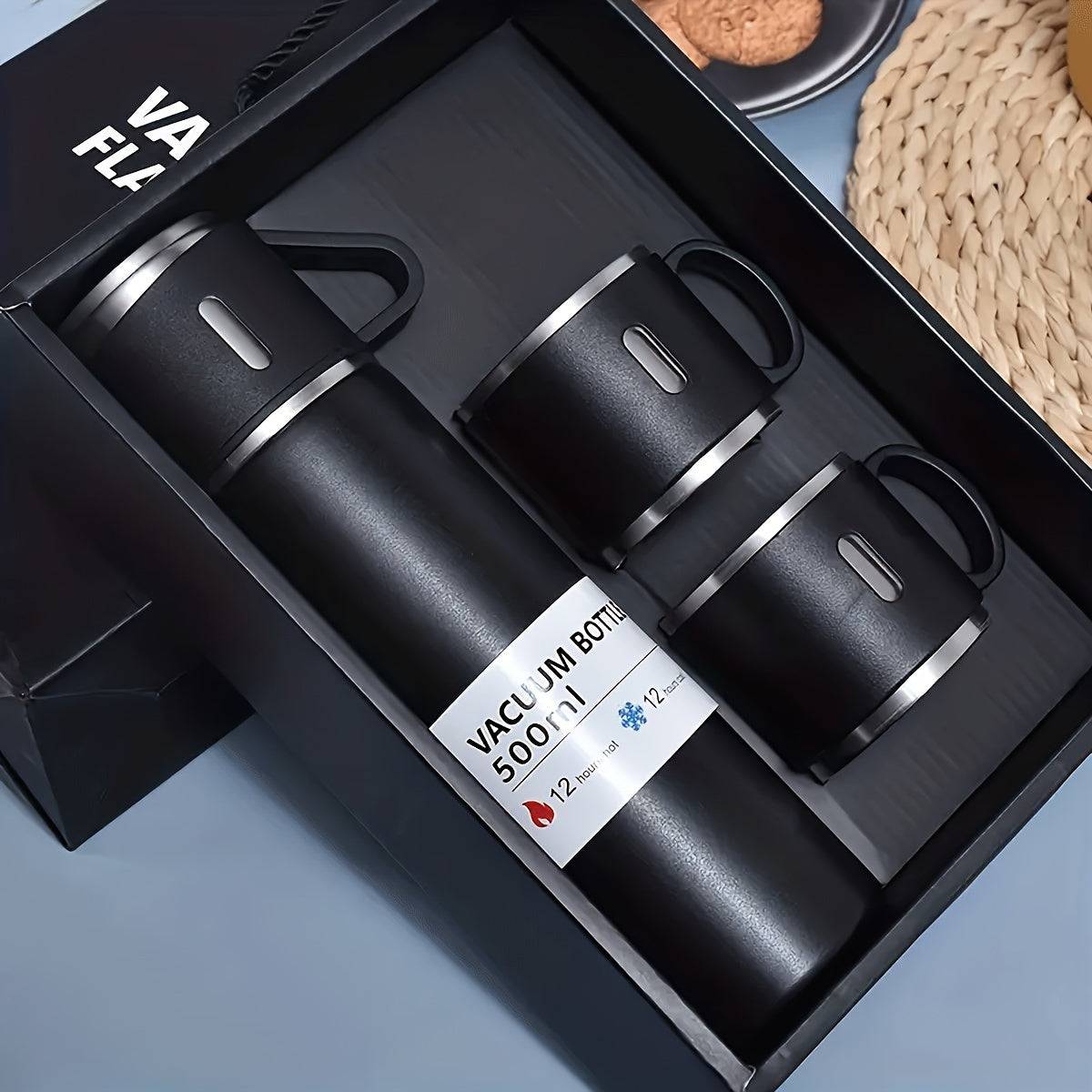 Black insulated stainless steel bottle gift set with 500ml flask and 3 cups in a sleek box, ideal for school, office, or gifting occasions.