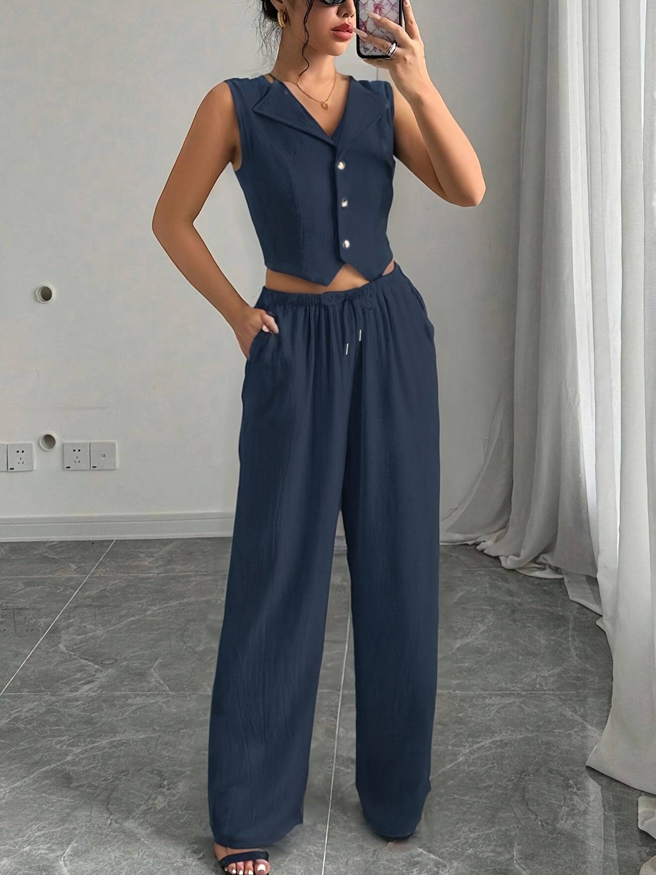 Women’s Two-Piece Set – Sleeveless Blazer Collar Top & Casual Pants for Work, Outings & Holidays
