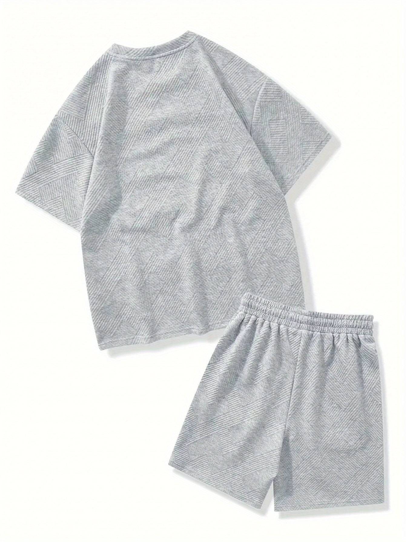 Men's Summer Two-Piece Set, Dark Stripe Texture Short Sleeve Shirt and Matching Shorts, Casual Polyester Outfit for Beach or Daily Wear