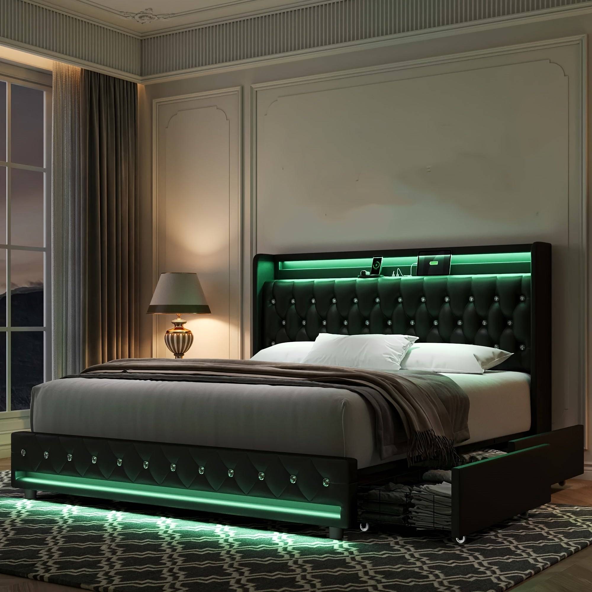 FULTRU Bed Frame with 4 Storage Drawers, LED Velvet Platform with USB Ports and Tufted Wingback Headboard