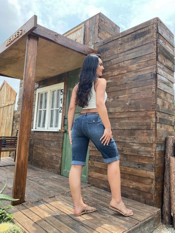 Womens Mid Rise Cargo Bermuda Jean Shorts