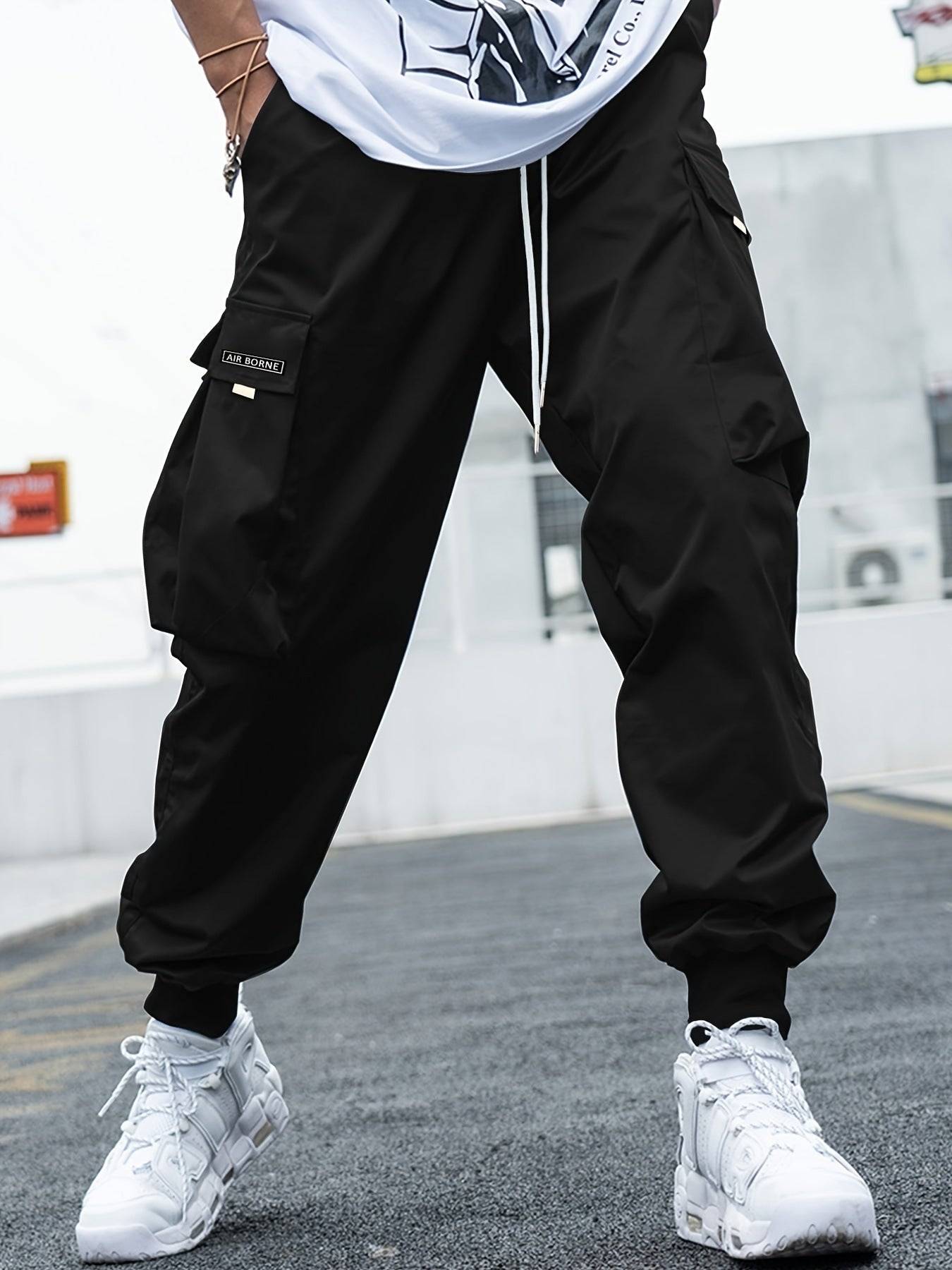 Mens Loose Fit Cargo Pants with Drawstring and Multi Pockets