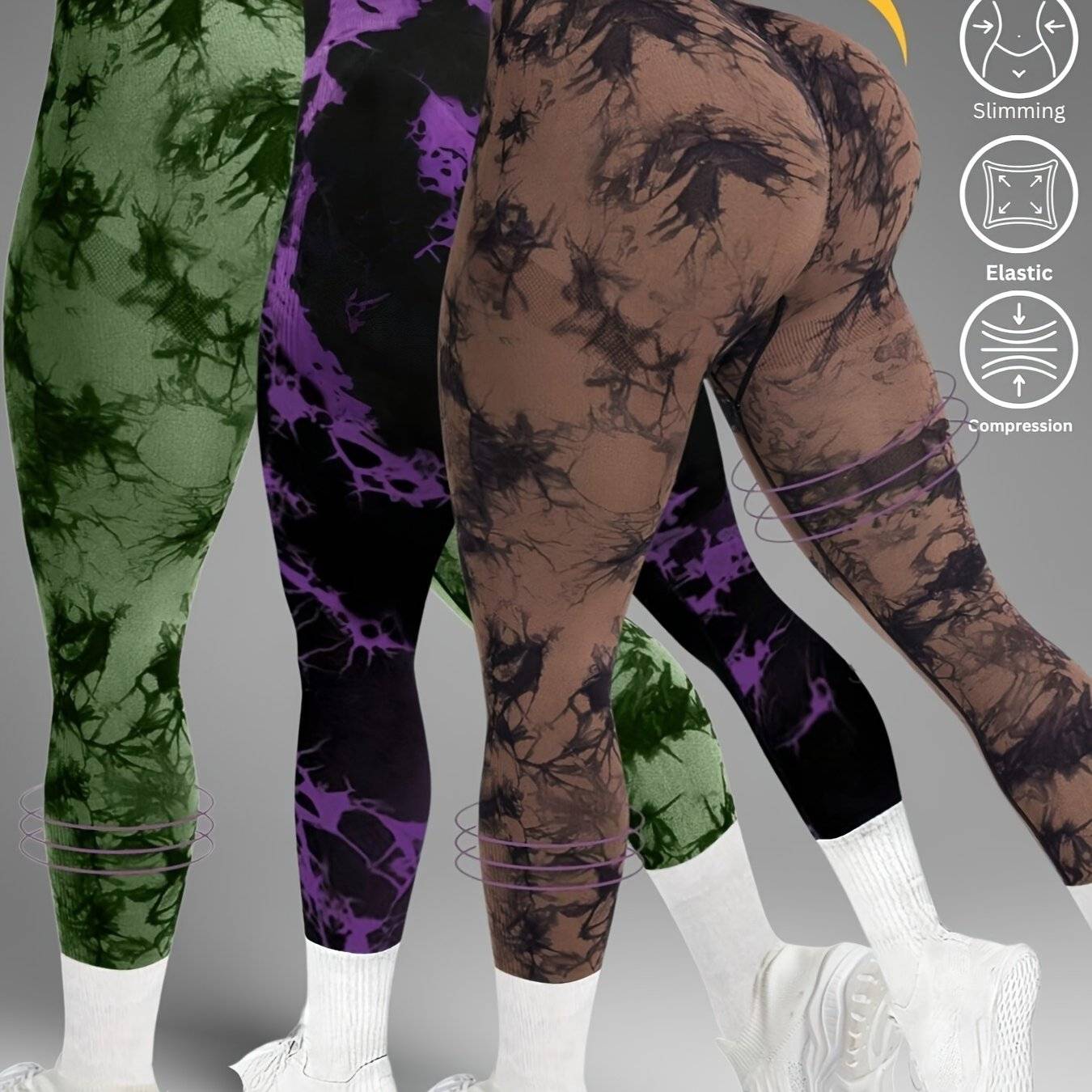 3-Pack Women's High-Waisted Tie-Dye Leggings, Seamless Butt-Lifting Tummy Control Pants with Wide Waistband, Compression Fit for Gym and Daily Wear
