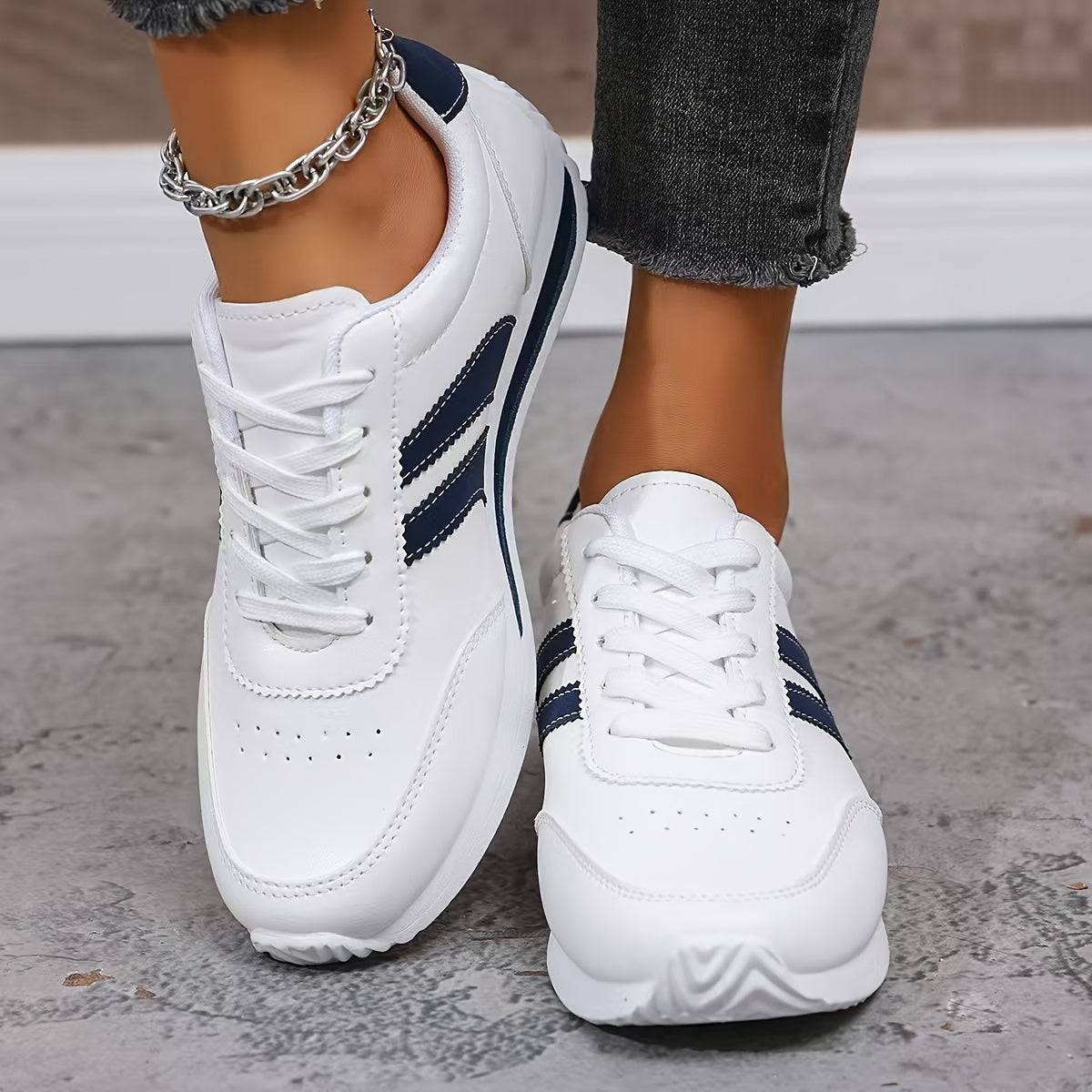 Women’s Lightweight Sneakers – Cushioned Insoles, Non-Slip Sole, White with Navy Accents