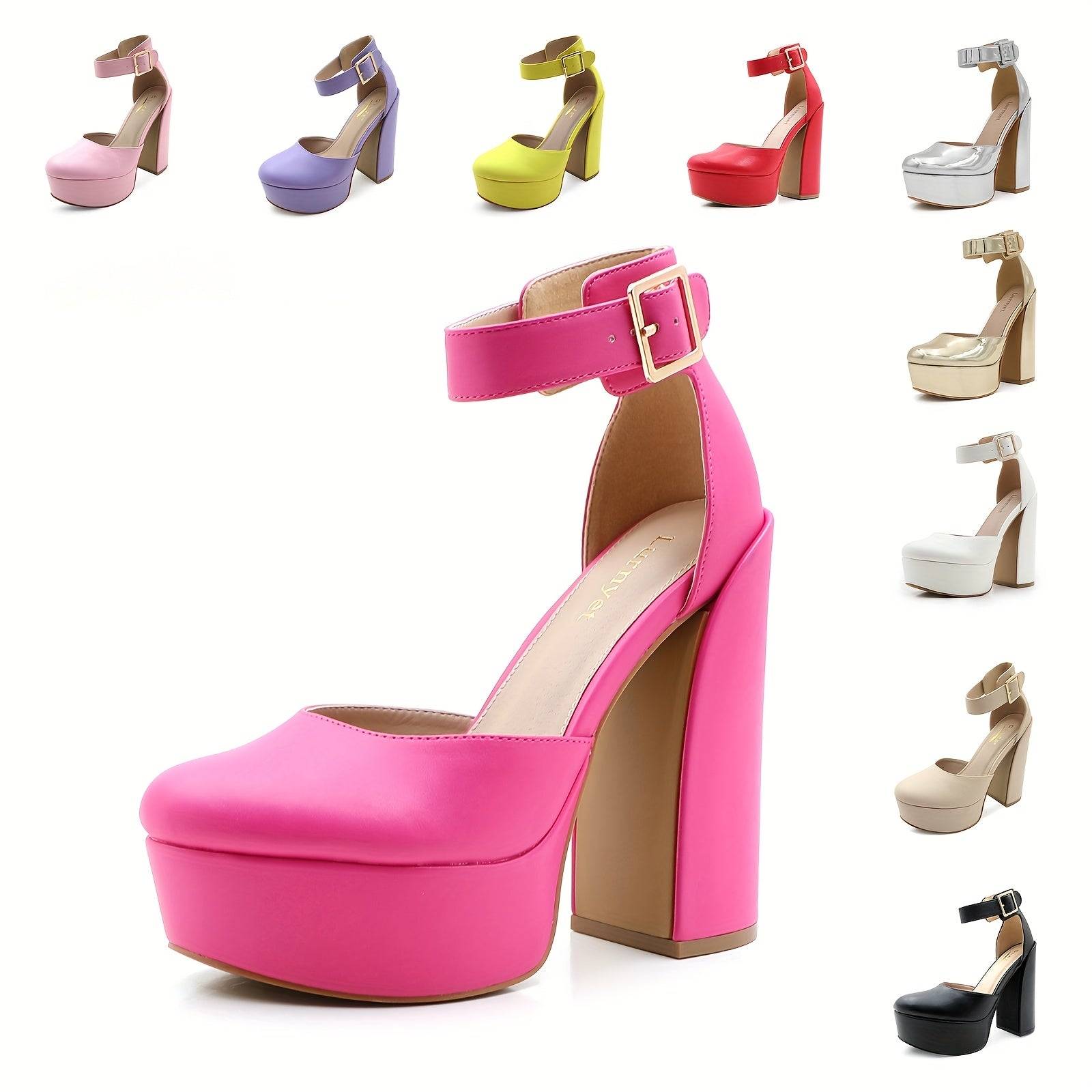 Women's Pink Platform Mary Jane Pumps, Chunky Block Heel with Adjustable Strap, Closed Toe PU High Heels for Parties and Weddings