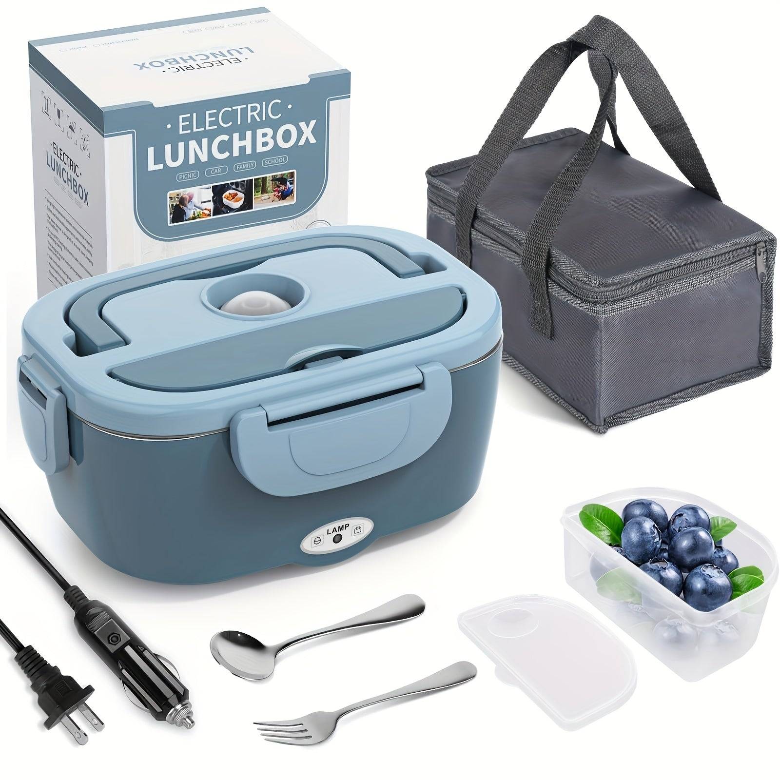 Electric Lunch Box Food Warmer 3-in-1 Portable Heated Lunchbox for Adults 12V/24V/110V with Fork, Spoon & Insulated Carry Bag for Car, Truck & Office