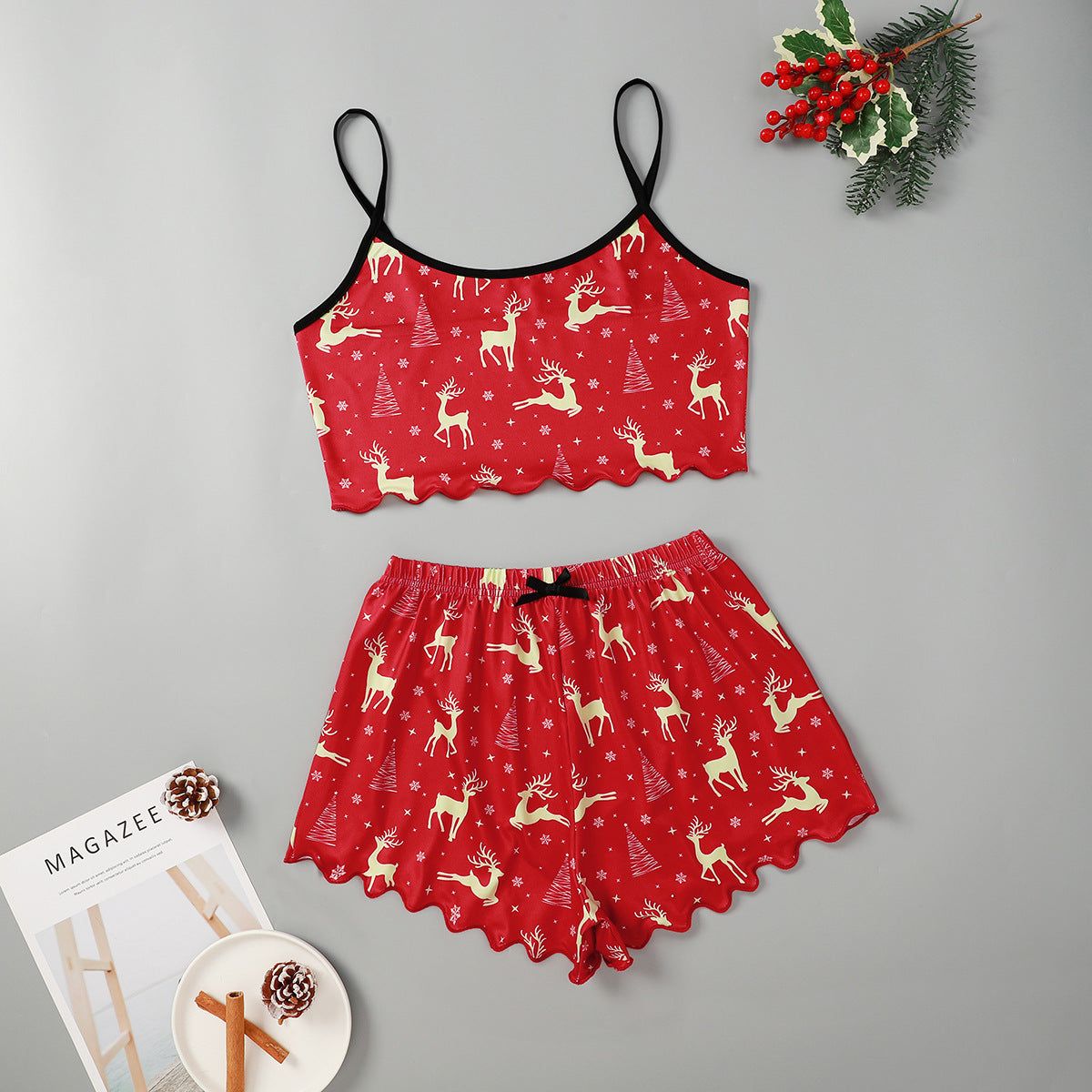 Pajama Set Christmas Women Sleeveless Top and Shorts
