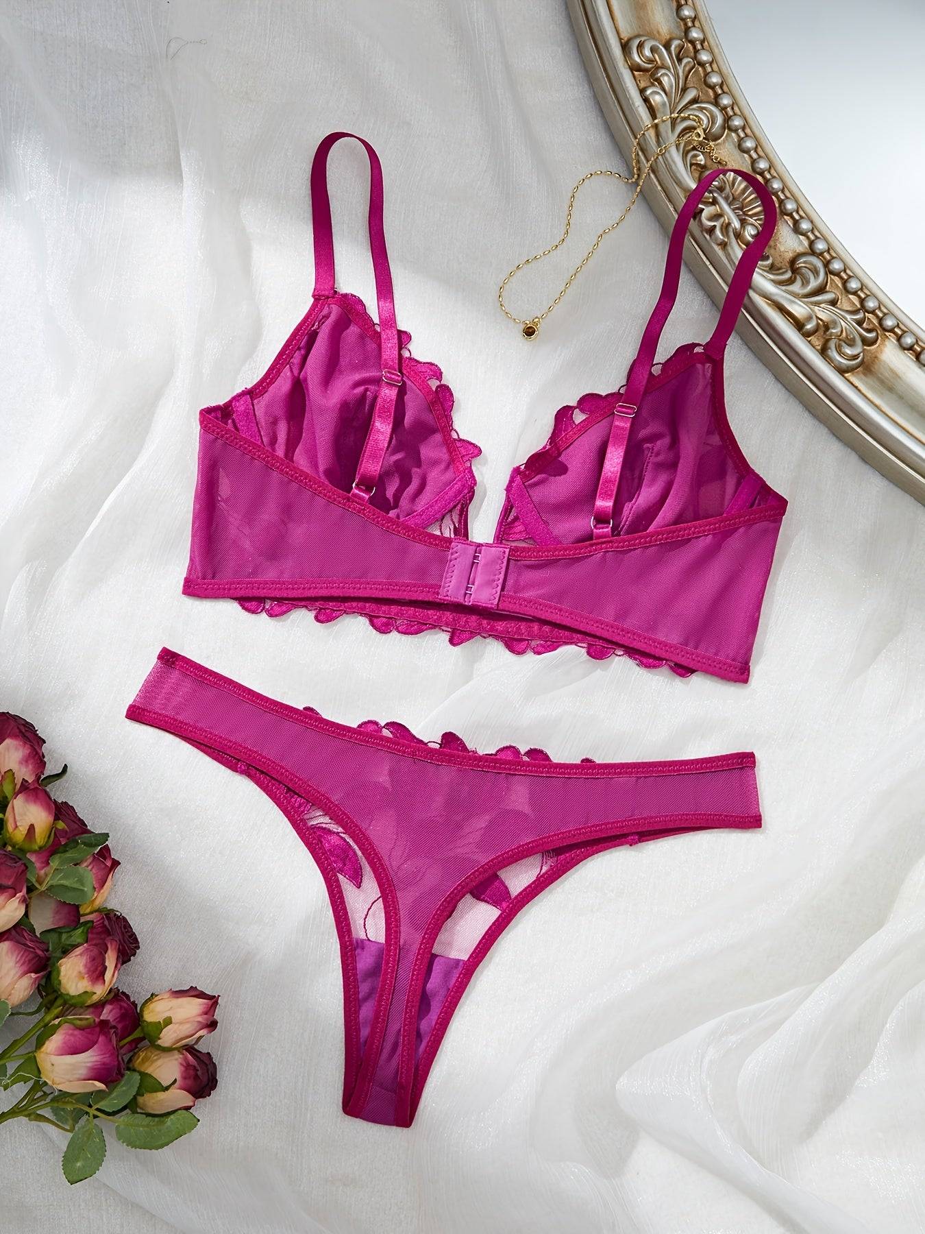 Women's Mesh Floral Embroidery Lingerie Set – Transparent Deep V Bra & Underwear, Elegant Matching Set