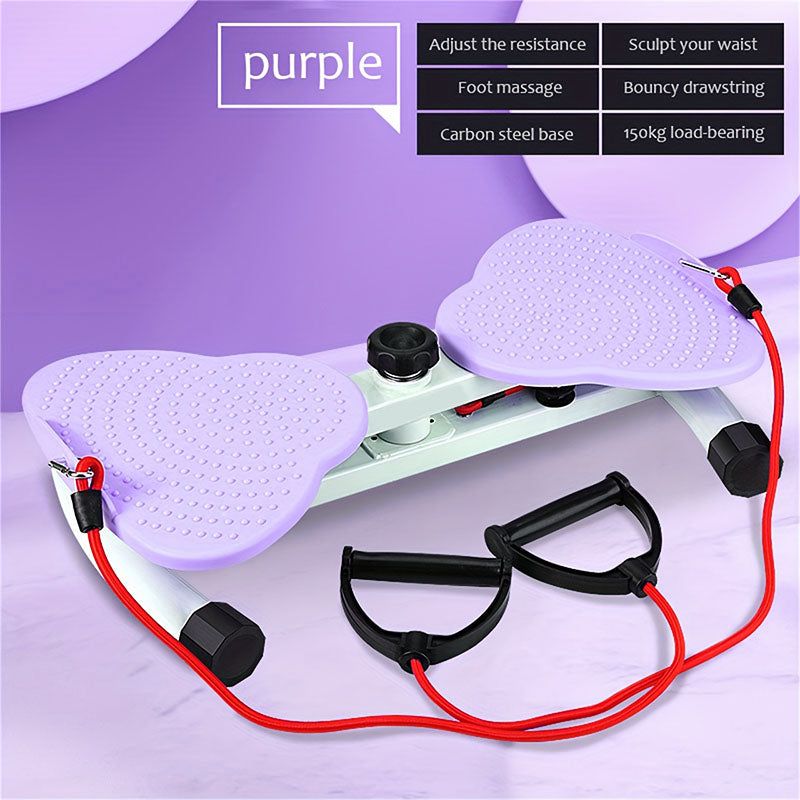 Purple Waist Twist Exercise Machine with adjustable resistance, foot massage, and bouncy drawstring for sculpting workouts.