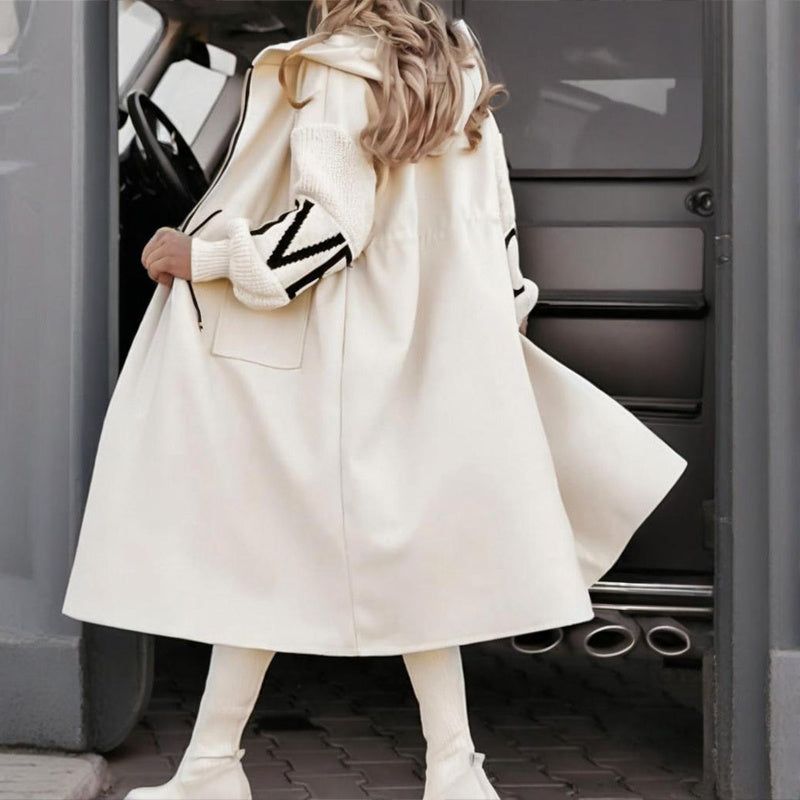 Letter Print Trench Coat with Hood and Zip Front