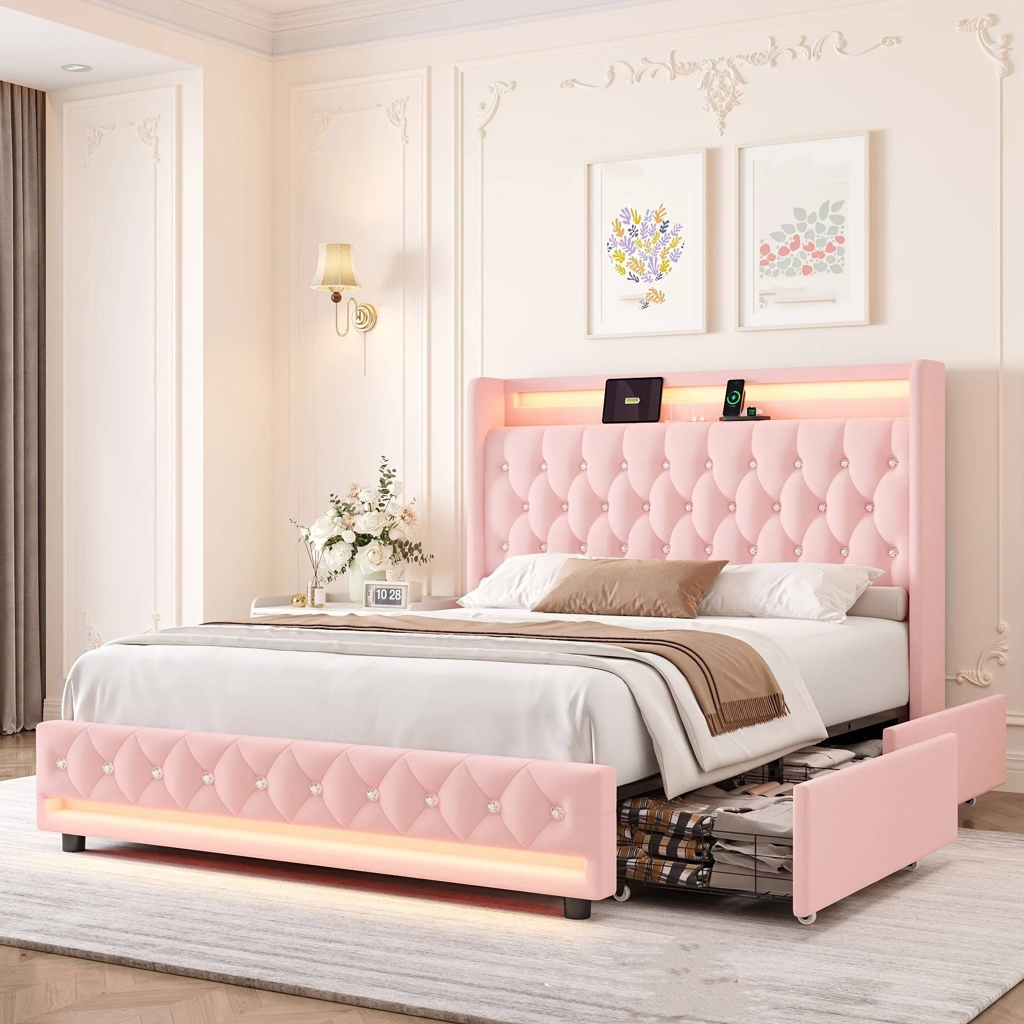 FULTRU Bed Frame with 4 Storage Drawers, LED Velvet Platform with USB Ports and Tufted Wingback Headboard