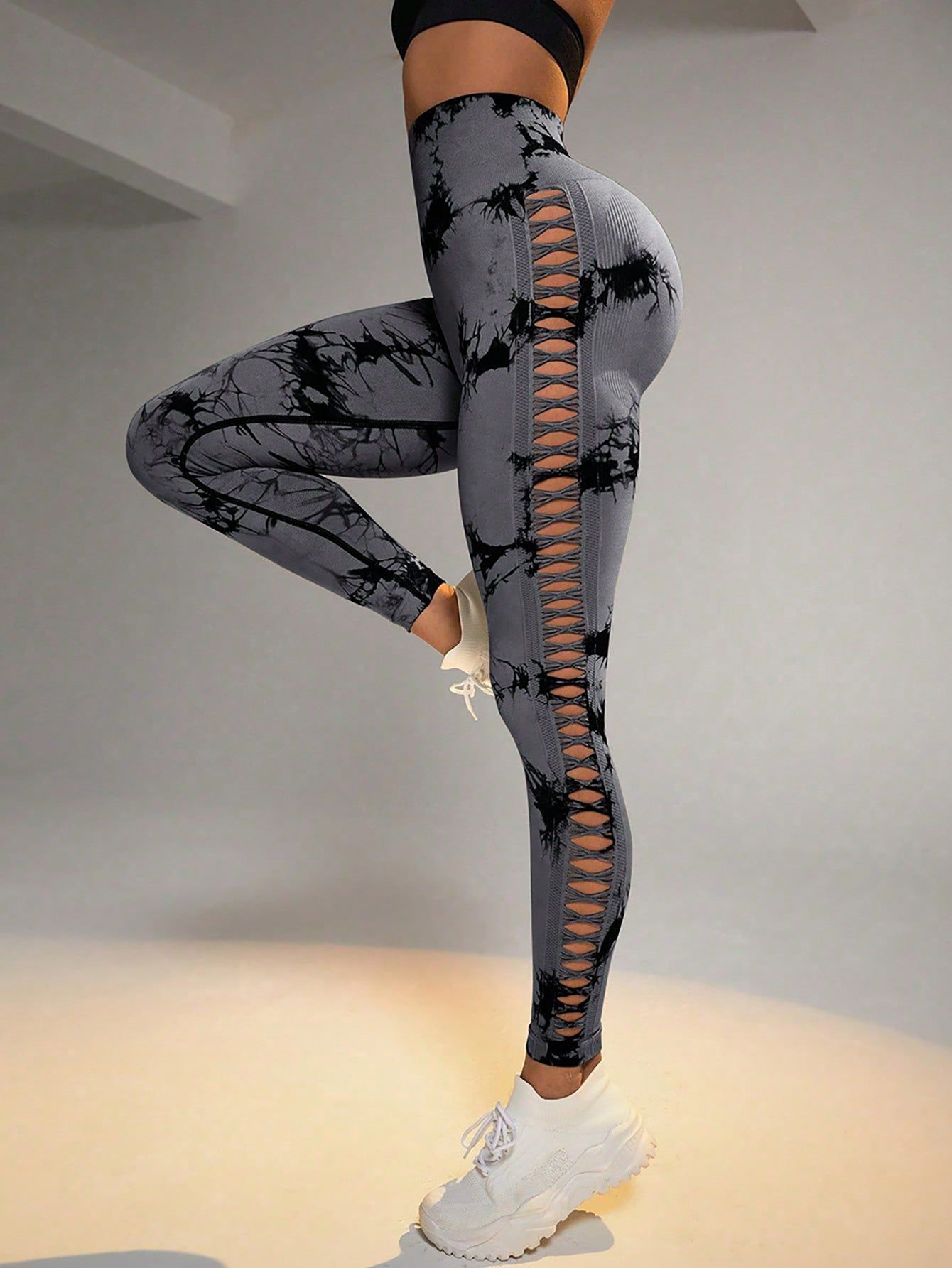 Women’s Tie-Dye High Waist Fitness Leggings Cut-Out Side Hollow Seamless Sports Tights with Hip Lift Design