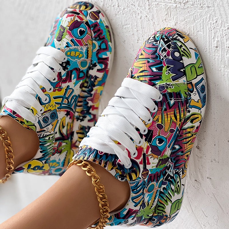 Geometric Print Sneakers With Lace Up Style And Thick Sole