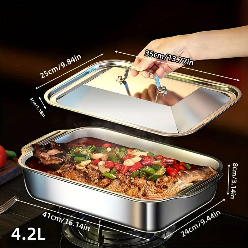 4pcs Stainless Steel Baking Pan Set – 2 Deep Dishes & 2 Handle-Lid Rectangular Roasting Pans, 16in Dishwasher Safe Cookware