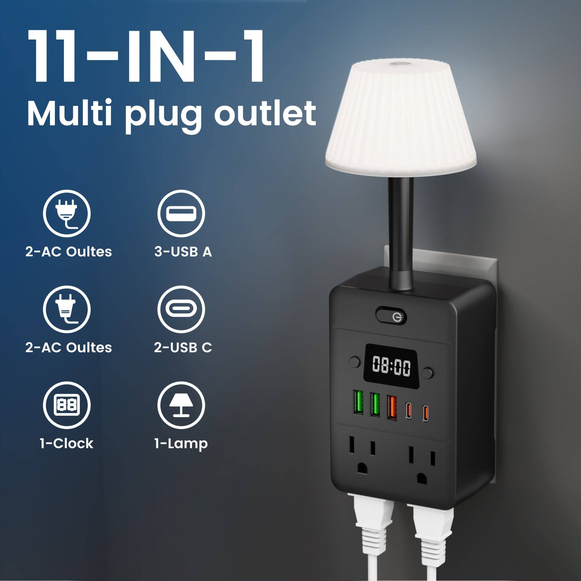 11-in-1 Power Strip Charging Station 4 Outlets, USB-A & USB-C Ports, Desk Lamp & Digital Clock Overload Protection