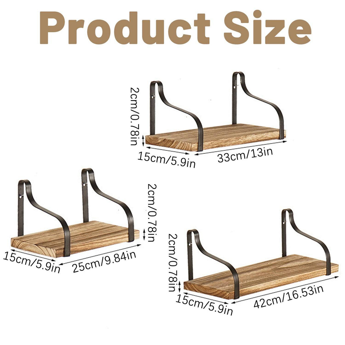 Wooden Floating Shelves with Iron Wall Brackets Set