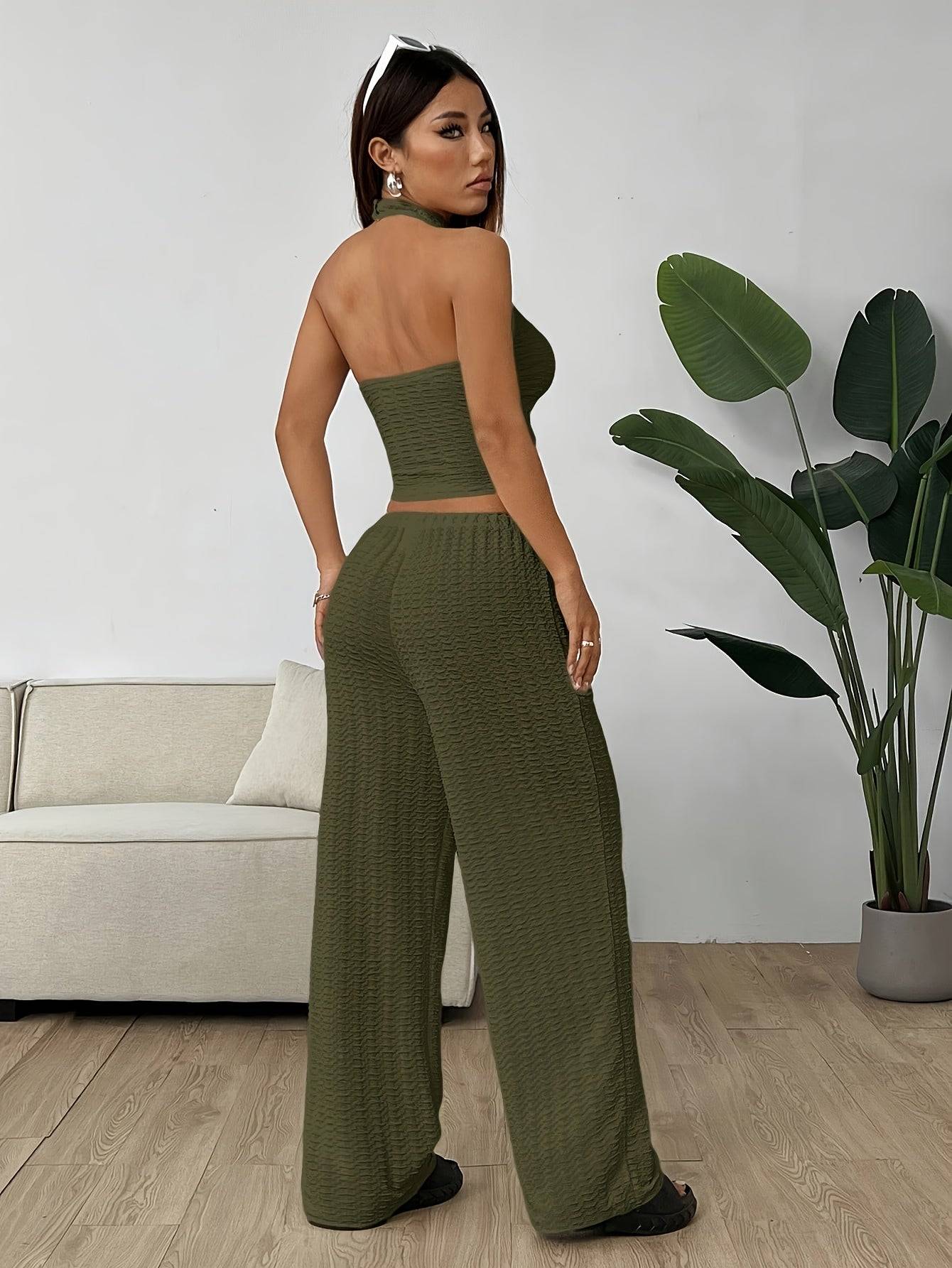 Women’s Casual Halter Top & Baggy Pants Set – Comfortable 2-Piece Outfit for Daily Commuting & Everyday Wear