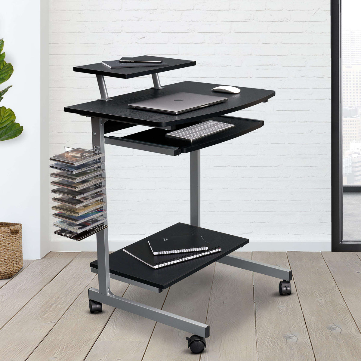 Compact Computer Table with Storage and Locking Casters