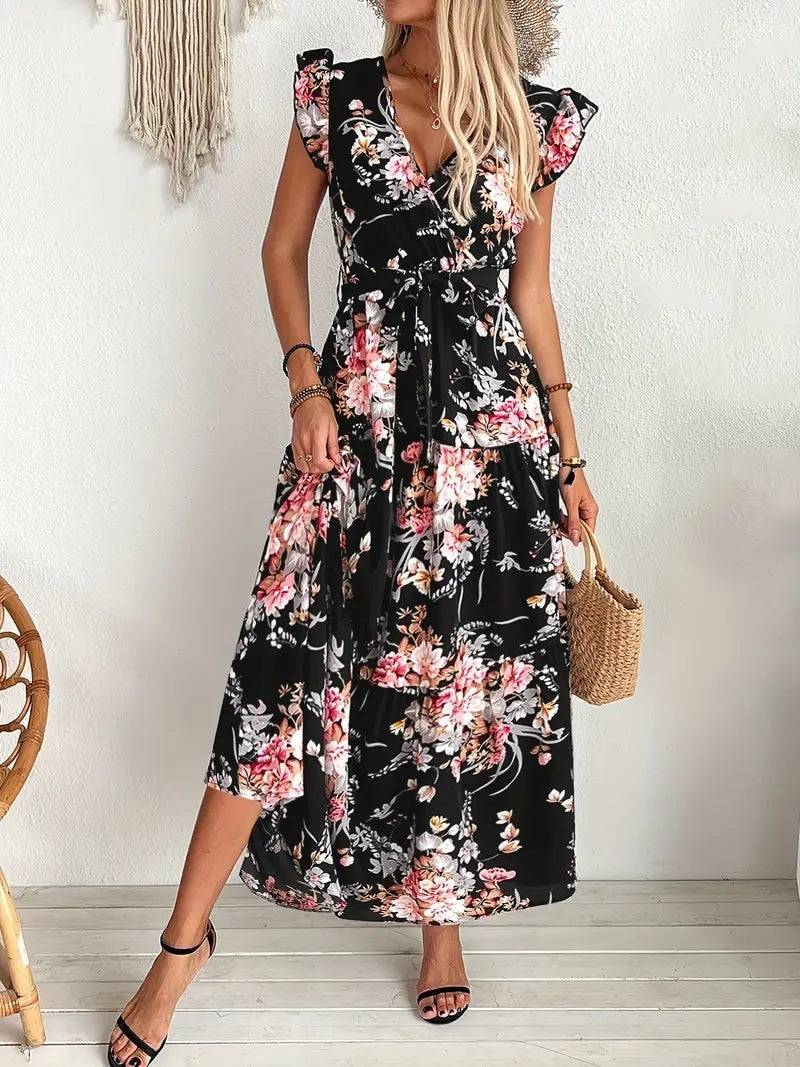 Womens Floral Midi Dress Elegant Casual Black Polyester