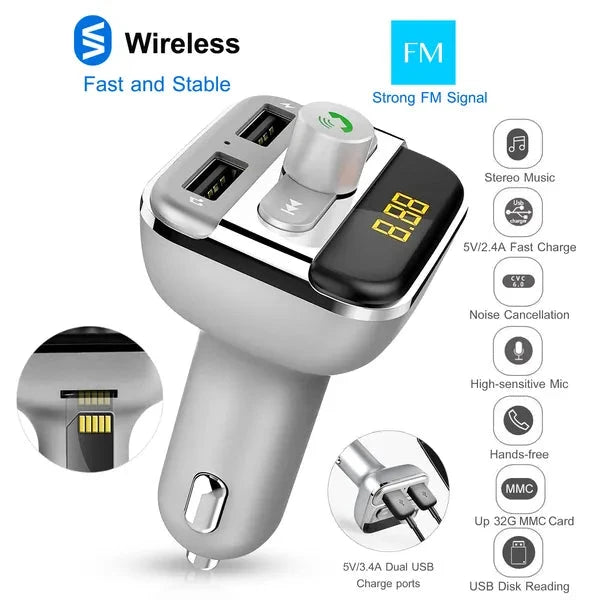 FM Transmitter Wireless Car Dual USB Fast Charge Music Play