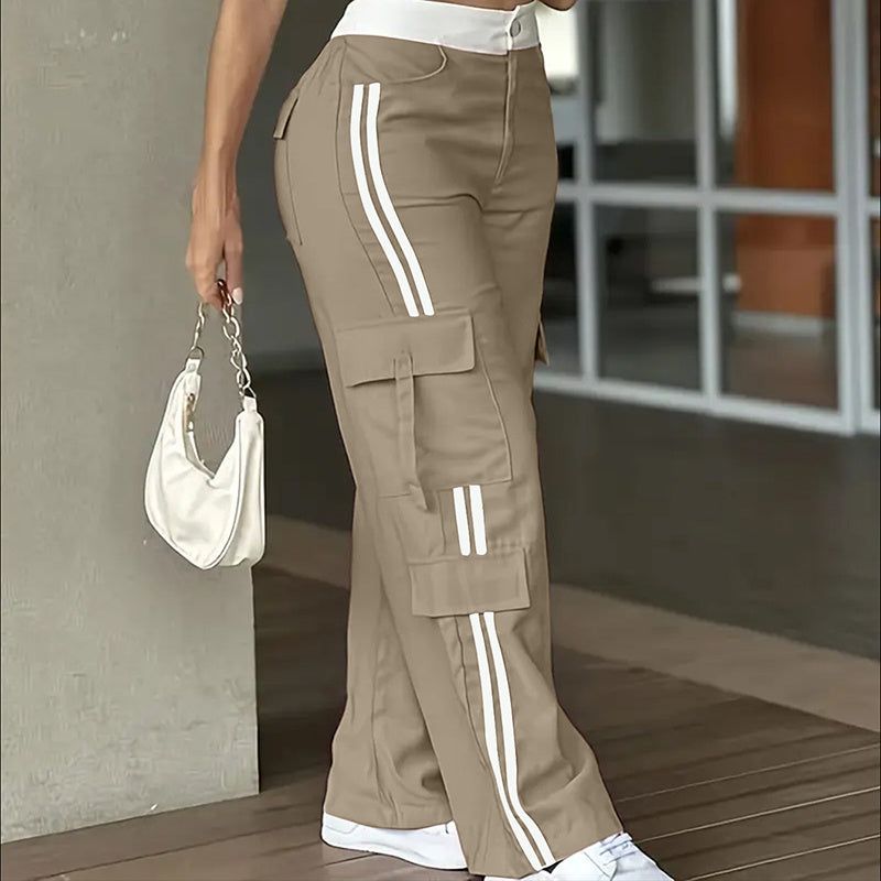 Striped Straight Leg Pants with Button Zip Closure