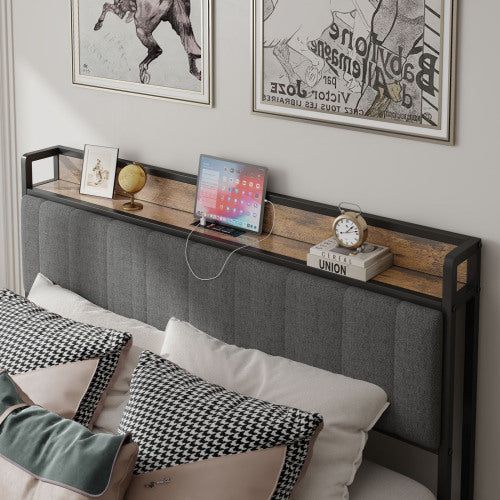 Queen Bed Frame with Charging Station and Upholstery