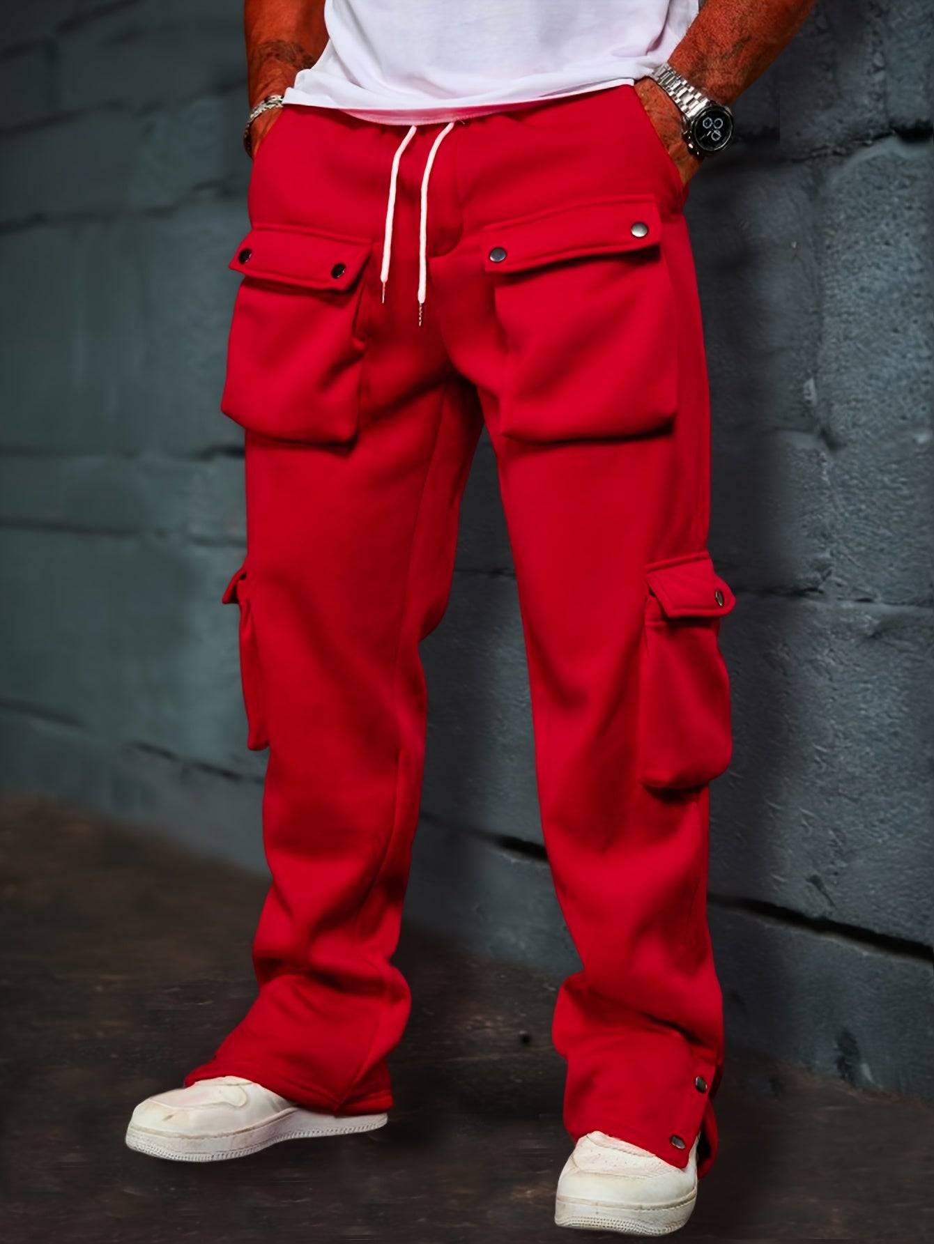 Men’s Scarlet Casual Trousers Bold Red Non-Stretch Pants with Structured Fit Durable Multi-Pocket Design for Office & Events