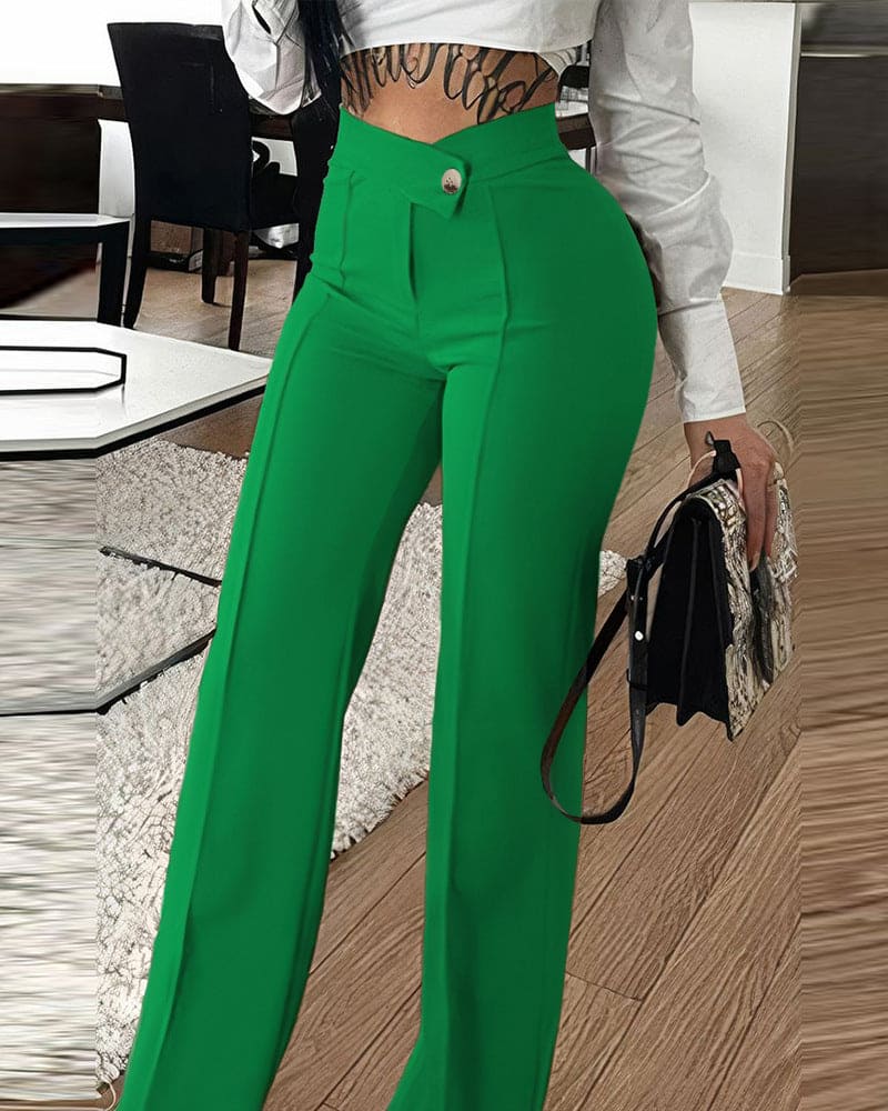 Slim Straight-leg Pants With Buckle Fashion Solid Color Trousers For Womens Clothing - PMMNAPOLES