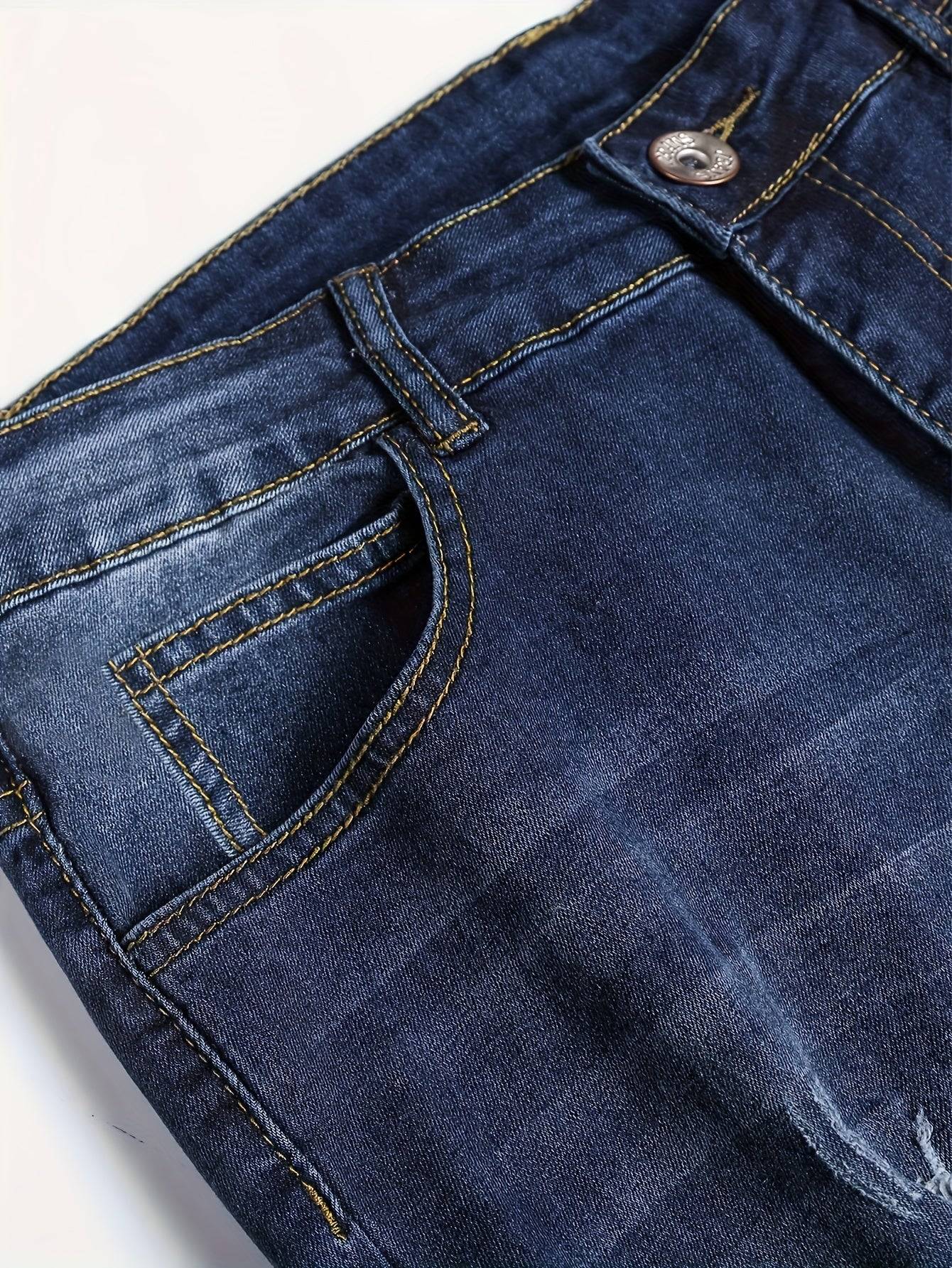 Men’s Slim Fit Stretch Jeans Ripped Old Blue Denim Casual All-Season Trousers