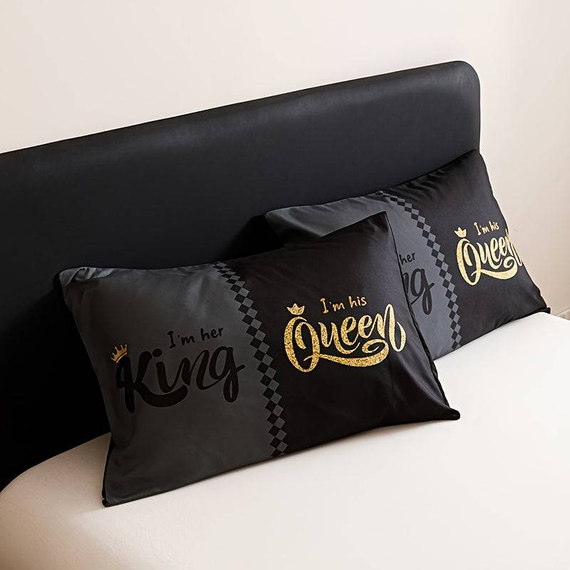 Crown Letter Quilt Set 3-Piece – Black & Grey Color Block Comforter with Pillowcases, 180gsm Padded