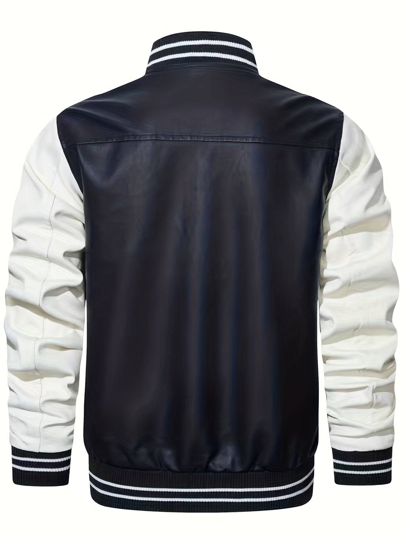 Plus Size Men’s PU Baseball Jacket with Letter “R” Print, Oversized Punk Raglan Design for Big & Tall, Spring & Autumn Wear