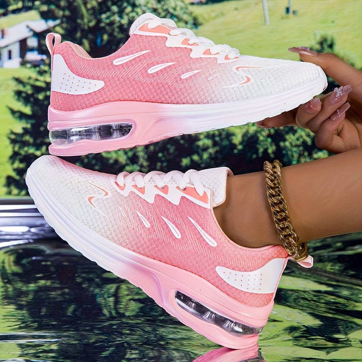 Women's Mesh Sneakers in pink and white with striped design, featuring breathable fabric and shock-absorbing air cushion sole.