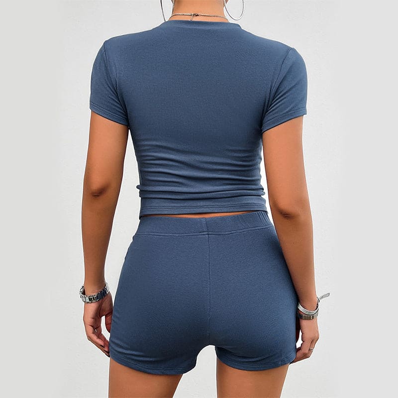 Solid Color Slim Sports Suit Summer Short-sleeved Round Neck T-shirt And Elastic Shorts Fashion Womens Clothing - PMMNAPOLES