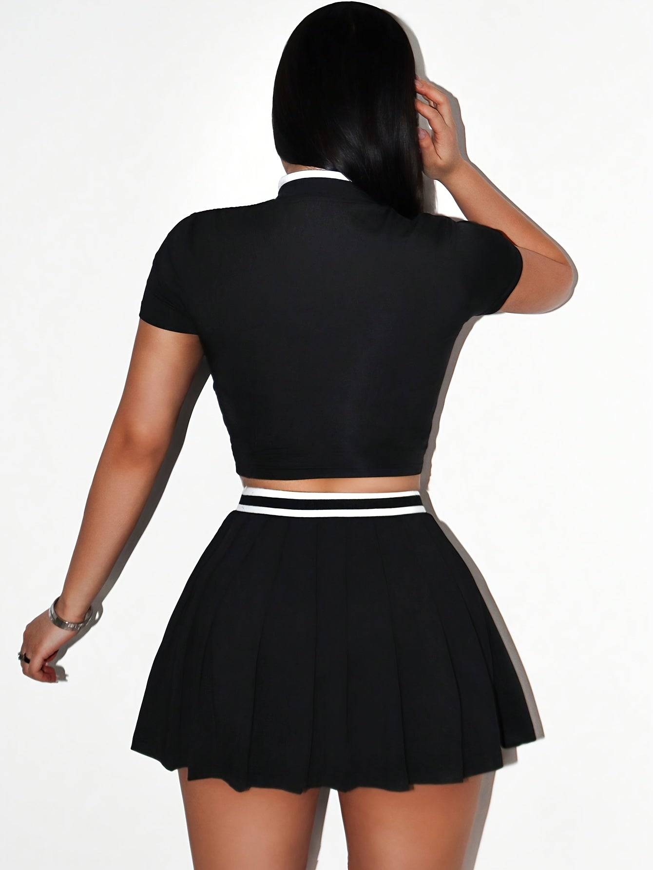 Women’s 2-Piece Summer Set Striped Short Sleeve Slim Fit Top & Mini Skirt in Solid Color