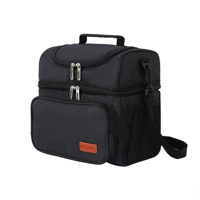 Angled view of black insulated lunch bag with ice pack, dual compartments and mesh pockets. Ideal cooler tote for keeping meals cold.