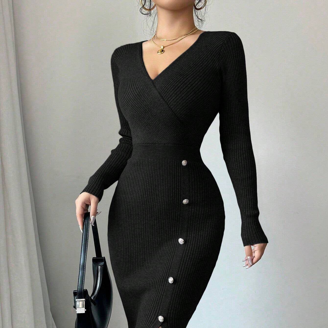 French Knit Bodycon Dress High Waist Long Sleeve Midi