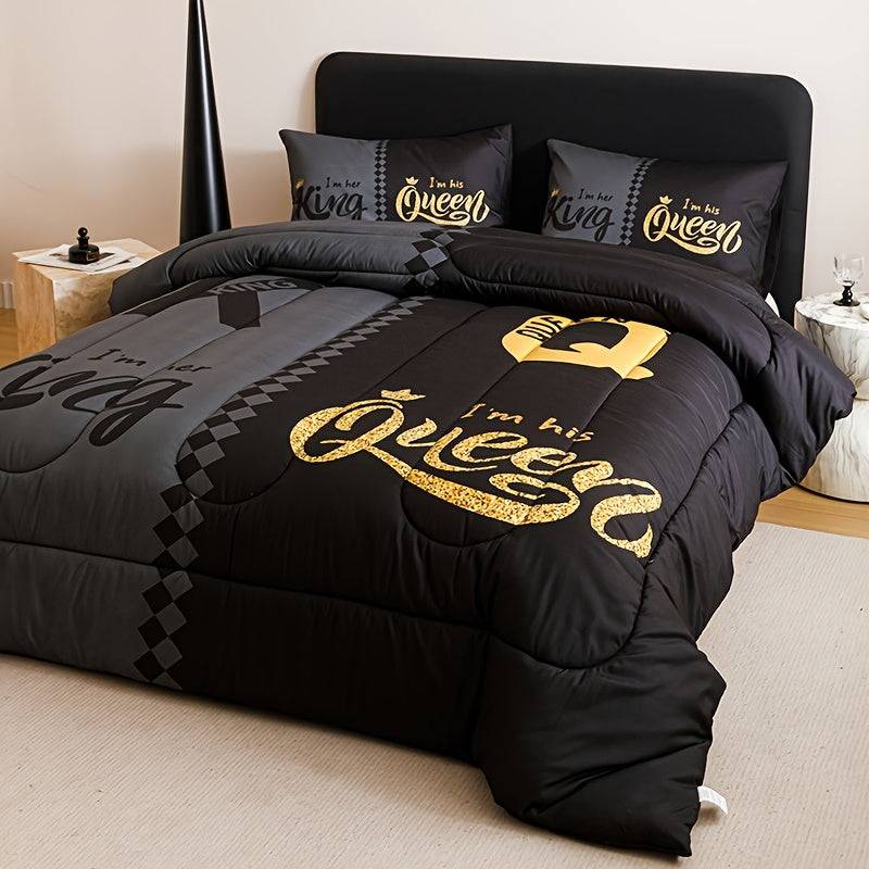 Crown Letter Quilt Set 3-Piece – Black & Grey Color Block Comforter with Pillowcases, 180gsm Padded