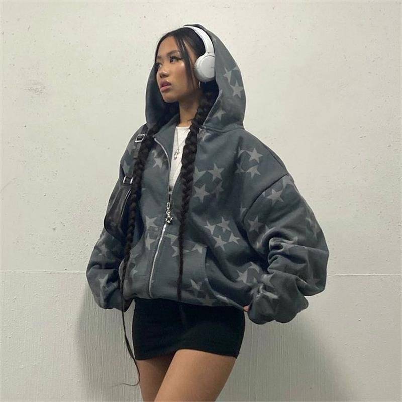 Stars Printed Zipper Hooded Cardigan Street Fashion Unisex
