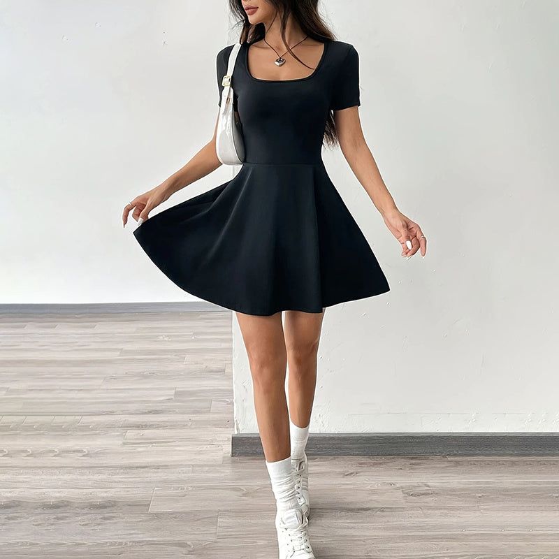 Square Neck Mini Dress with Built In Shorts and Ruffle Hem