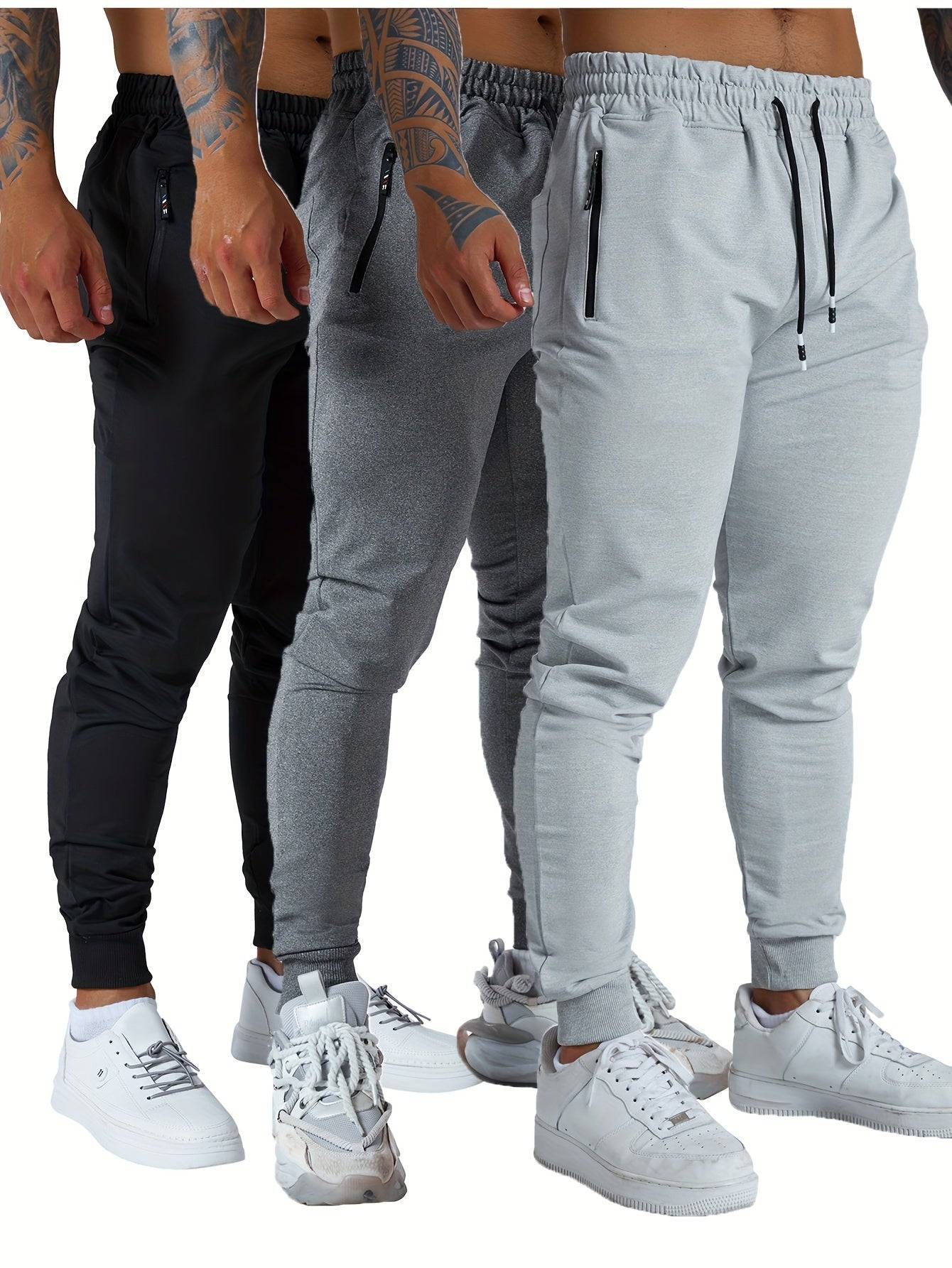 3-Pack Men’s Athletic Jogger Pants Tapered Sweatpants with Zipper Pockets for Workout, Running & Jogging