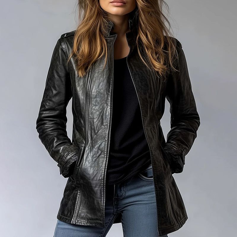 Vintage PU Leather Jacket with Stand Collar and Longline Fit