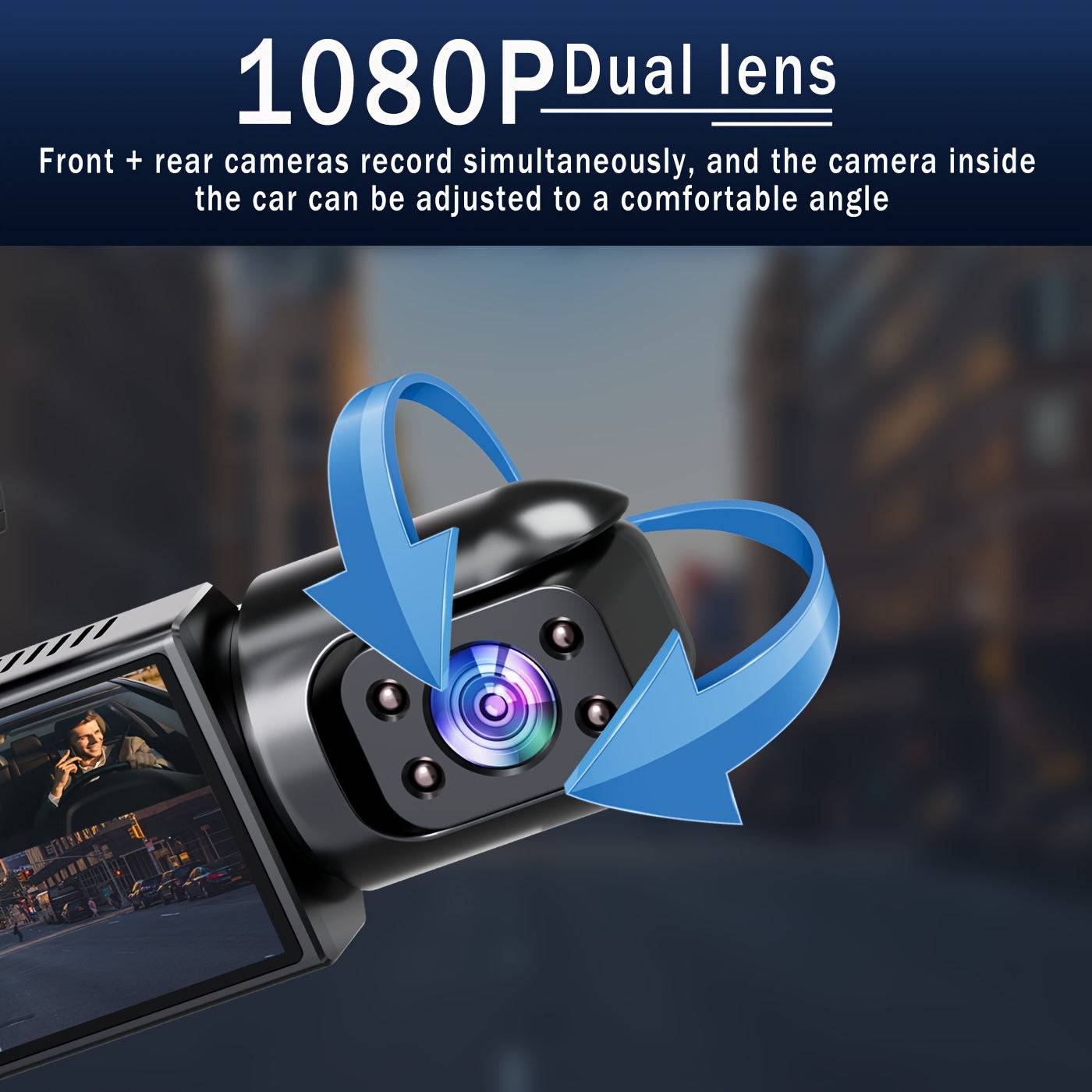 1080P dual dash cam with front and cabin cameras, IR night vision, loop recording, wide-angle lens, 3.16" IPS screen