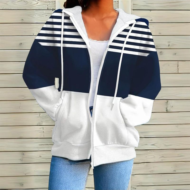 Plus Size Color Block Hoodie with Zip Up Design