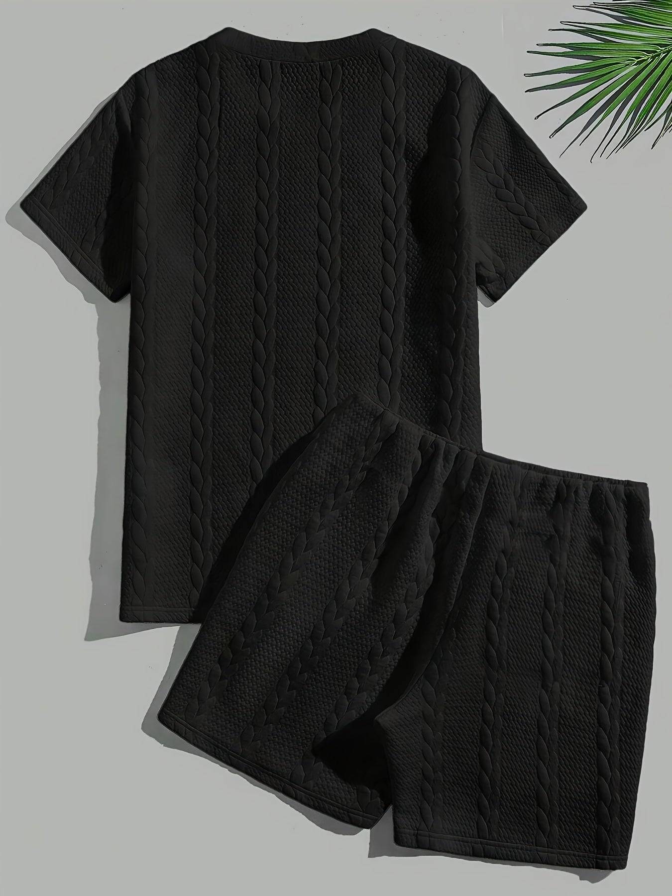 Men's Summer Two-Piece Set, Solid Color Jacquard T-Shirt with Round Neck and Matching Sports Shorts, Casual Outfit for Daily Wear